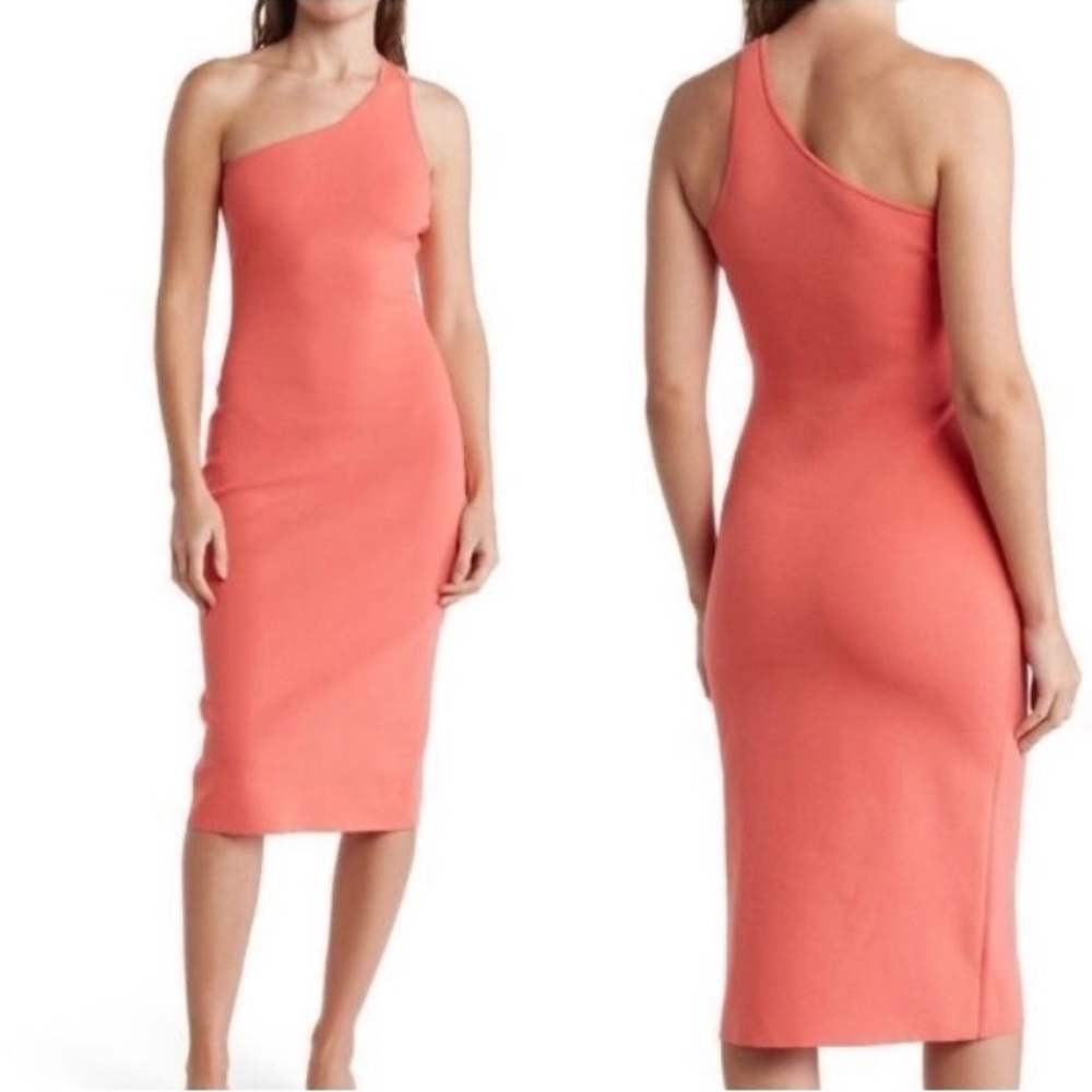 A.L.C Colby one shoulder asymmetric bodycon dress midi rouge coral